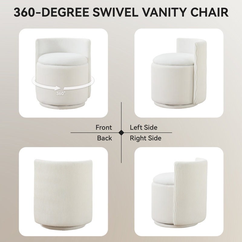 Fauteuil demi-tonneau pivotant rembourré avec rangement, Velours blanc, H 23 po x l 18,5 po x P 18,5 po
