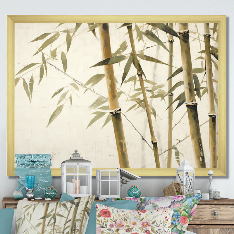 Beige minimalisme bambou sérénité II sur toile, H 12 po x l 20 po x P 1 po, Encadrement doré
