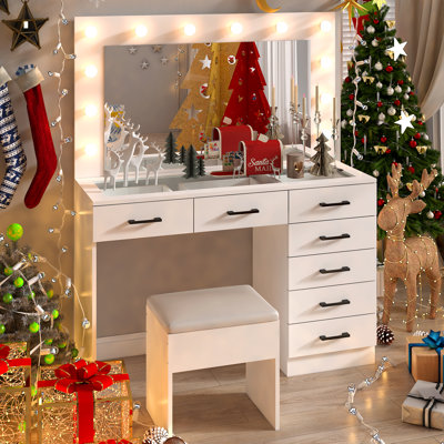 Grand ensemble de coiffeuse avec lumières, USB et prise de courant, 7 tiroirs