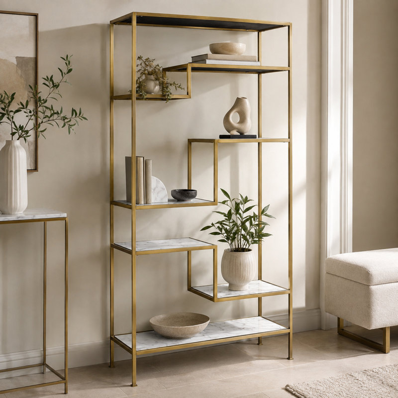 Étagère à 5 niveaux, étagères en faux marbre moderne, cadre en laiton, 40 x 13,5 x 72 po, bibliothèque de rangement ouverte, quincaillerie anti-basculement.