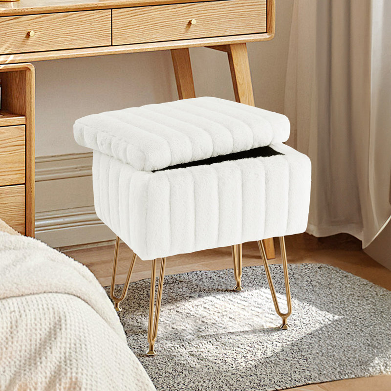 Vanity Stool Chair With Storage, Ottoman Faux Fur Soft Padded Makeup Footstools Seat With 4 Metal Legs Anti-Slip Adjustable Feet Modern Cute Small Footrest For Home Entryway Bedroom
