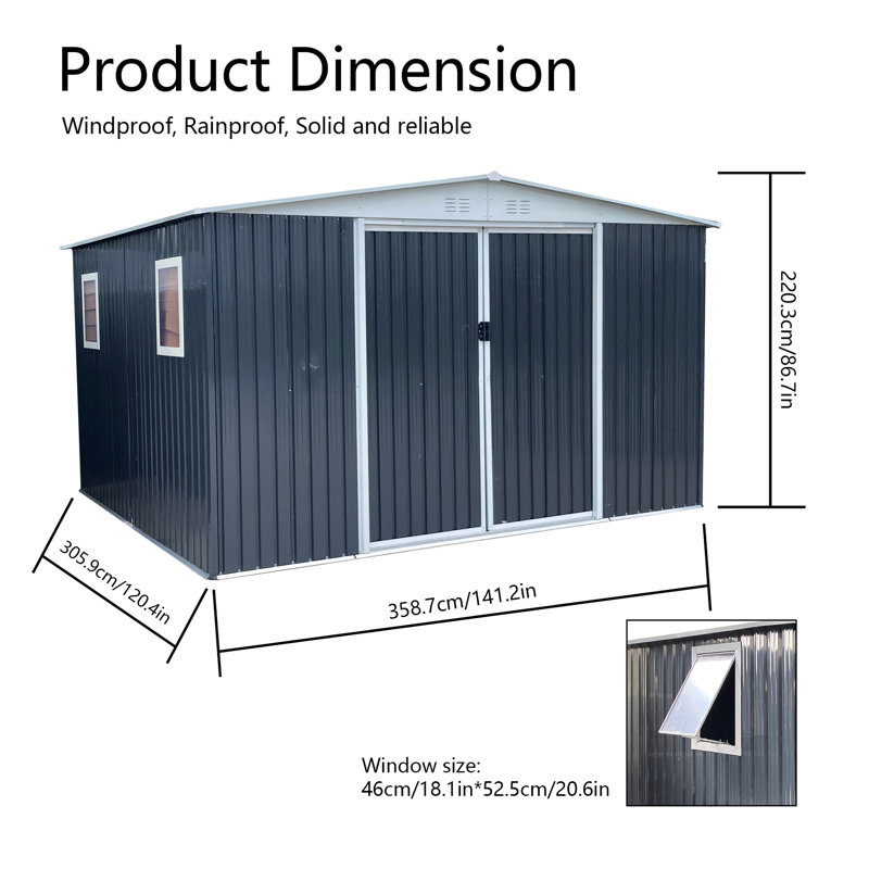Abri de jardin extérieur de 12 pi x 10 pi avec toit Apex gris - 4 fenêtres, cadre en alliage d'aluminium pour des fenêtres de rangement efficaces et tendance dans un environnement propre