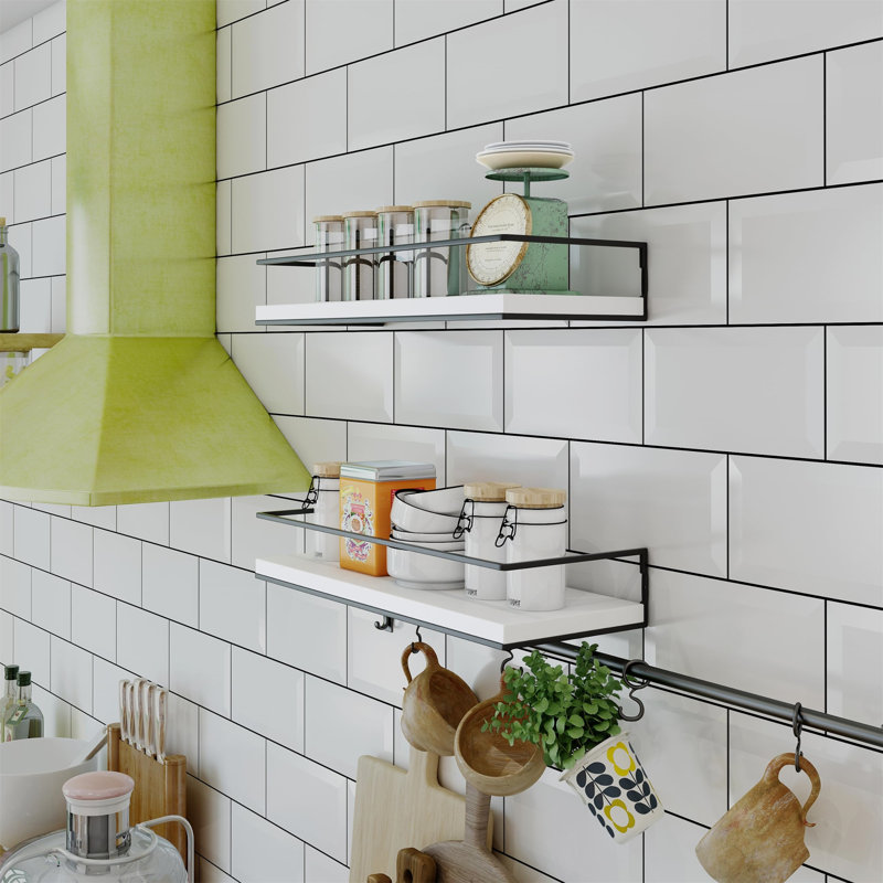 White and Gray Pine Wood Floating Shelves with Metal Towel Rack
