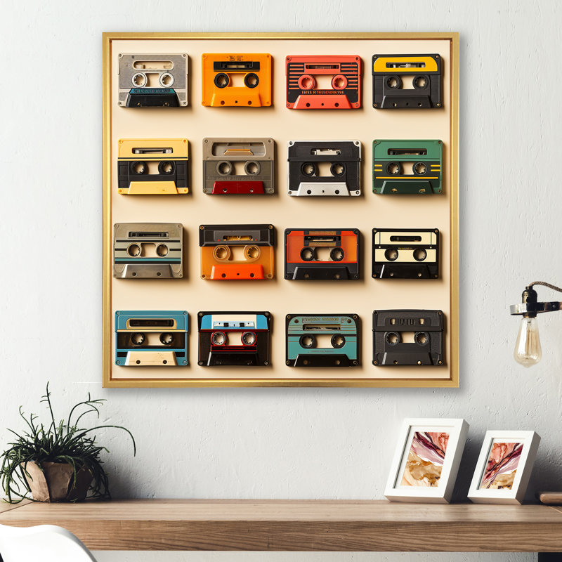 Retro Cassette Tape Collection III - Cassette Tapes Wall Art, Cadre flottant doré, H 30 po x l 30 po x P 1,5 po