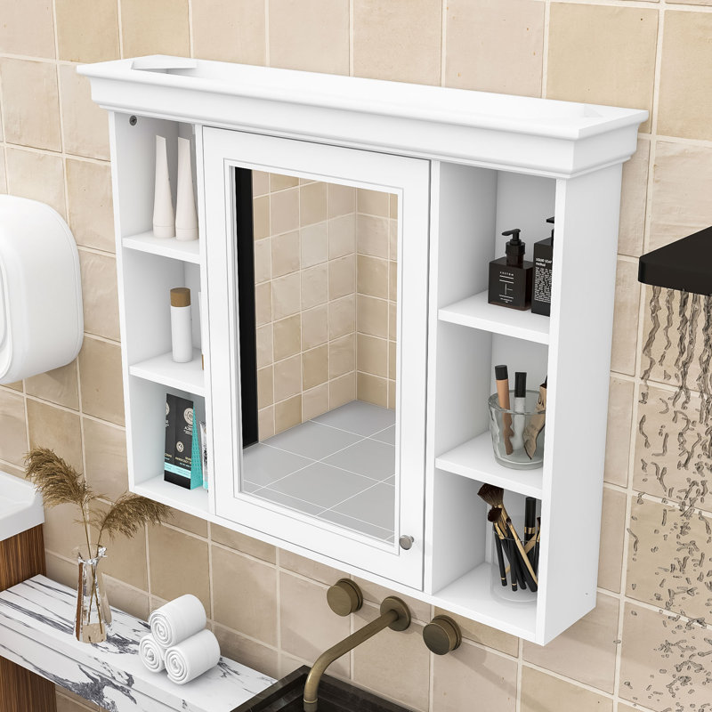 Elegant Bathroom Storage Cabinet with Mirror Door and 5 Open Shelves, White