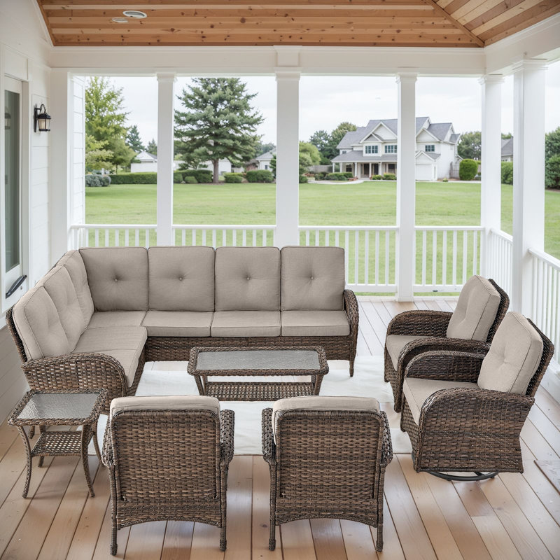 Serita Trym 9-Person Outdoor PE Wicker Patio Sectional Outdoor Conversation Set With Cushions, Beige