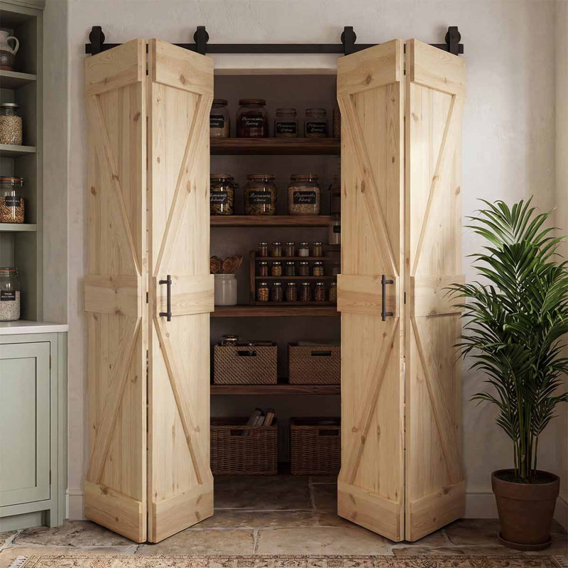 Double Bi-Fold Solid Pine Wood Barn Door, Untreated Wood