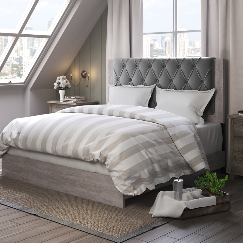 ClickDecor Kenton Panel Bed Frame with Diamond Tufted Upholstered Headboard, Light Gray, King