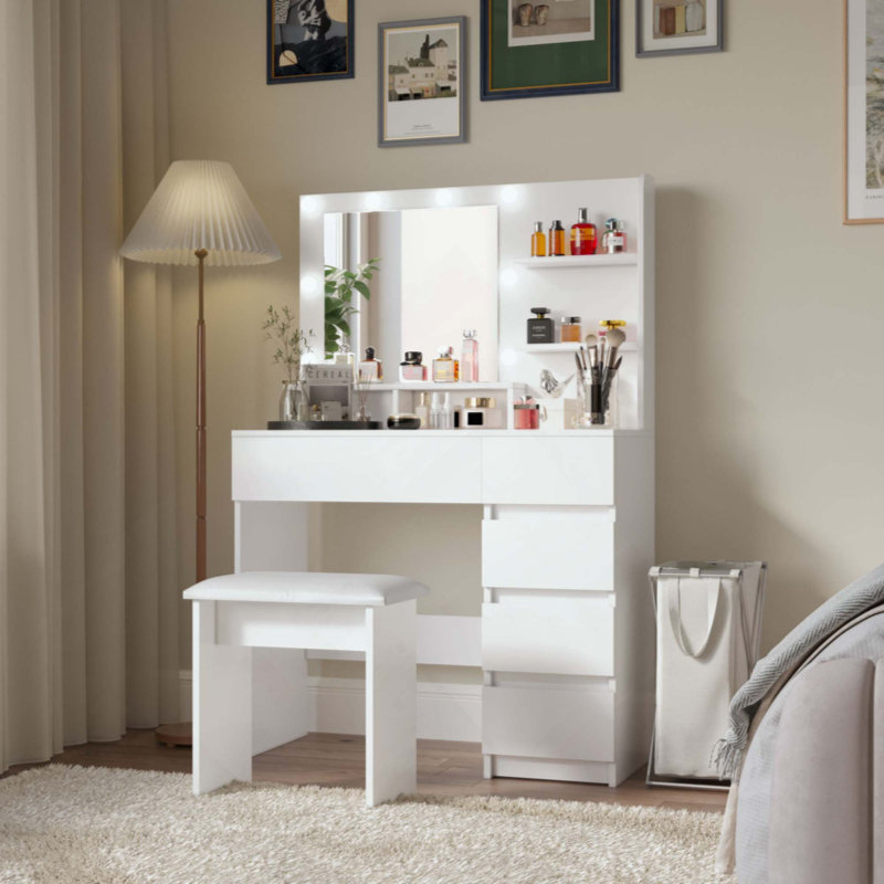 Vanity, Makeup Vanity Desk Set With Mirror & Light, Dressing Table Storage Lots With Power Strip, 3 Lighting Modes With Adjustable Brightness(With Stool)