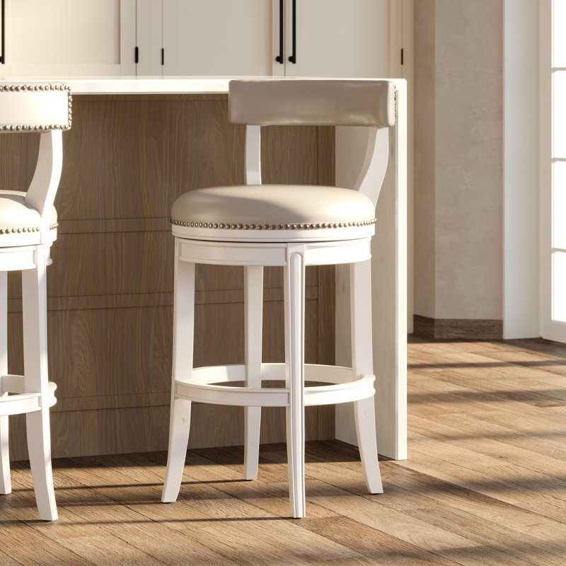 Tabouret de bar avec retour automatique à 180 degrés, 31 po Hauteur de l'assise, structure en bois blanc, revêtement en similicuir gris, pieds incurvés, poids de l'emballage de 31,23 lb, tabouret de 31 po et cuir, dossier ouvert 20,29