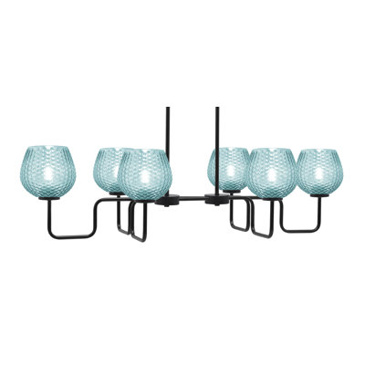 Luminaire pour îlot 6 lumières Amarmula, finition noir mat, verre texturé turquoise 6 po
