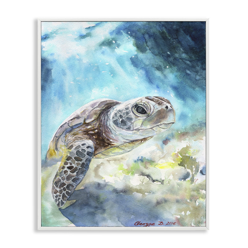 «Sea Turtle Ocean Animal Watercolor Paint», impression sur toile, Giclée encadrée blanc bord de mer, H 20 po x l 16 po
