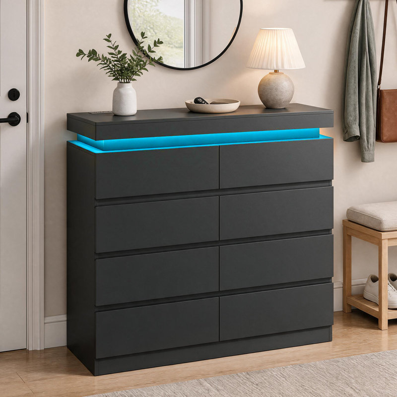 Commode 8 tiroirs l 47,3 po avec prise de courant, commode avec lumière DEL, Black