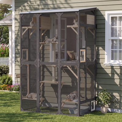 Large Catio Outdoor Cat Enclosure, 99"H Window Catio for Indoor Cats, Window Cat House for Multiple Cats, Walk-in Cat Patio with Weatherproof Roof, Jump Platforms, Resting Rooms, Scratching Post