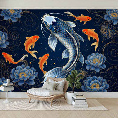 Peel and Stick Wallpaper 96" W x 69" H Modern Self Adhesive Wall Mural for Bedroom Koi Fish Goldfish Swimming Amidst Blue Peony Flowers