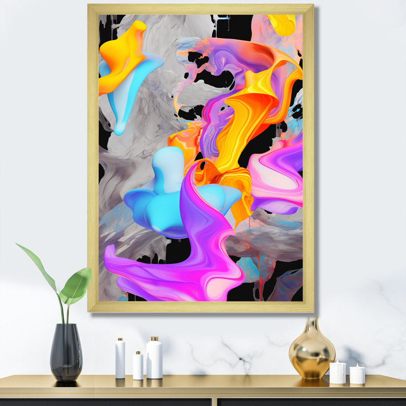 Peinture rose et bleue Fusion III - Art mural abstrait, Cadre doré simple, H 20 po x l 12 po x P 1 po