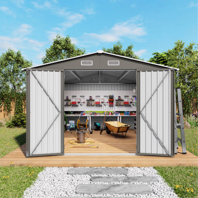 Grande remise de 10 pi x 12 pi en métal gris avec double porte et fenêtres, imperméable, pour les vélos de tondeuse à gazon dans la cour arrière