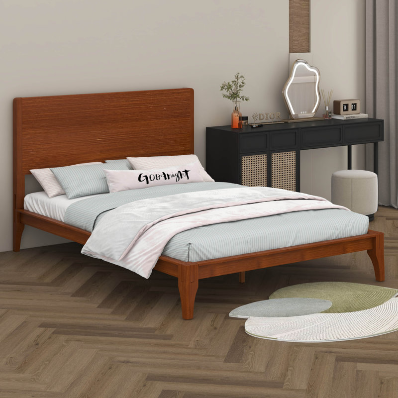Lit plateforme en bambou, cadre de lit moderne Mid-Century avec tête de lit haute, support à lattes de bois, Double