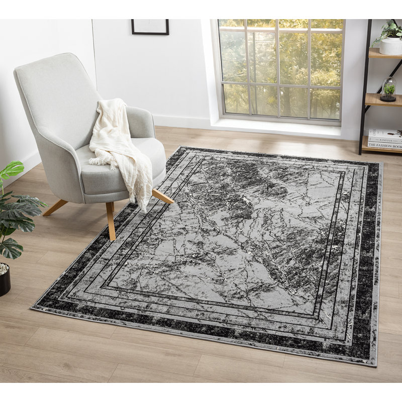 Demico Modern Low Pile Area Rug - Polypropylene Weaving - Jute Backing - Frame Abstract Design Rugs, Grey,