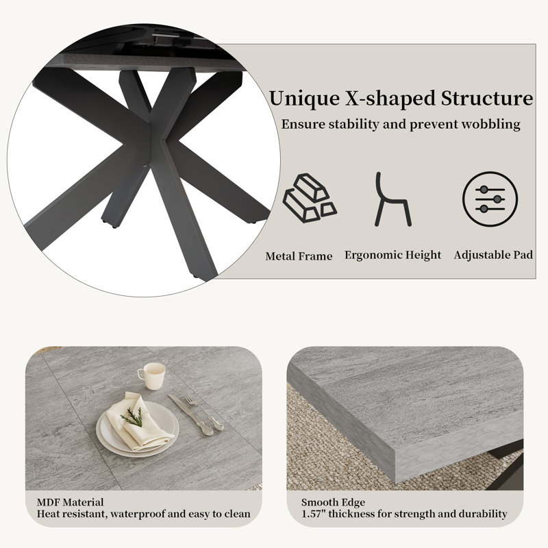 The full title is: Extendable Dining Table Set for 6, 130-170 cm Extendable Gray Tabletop, Metal Cross-Leg Base with Fabric Chairs, Modern Style Table Set for Dining Room and Kitchen