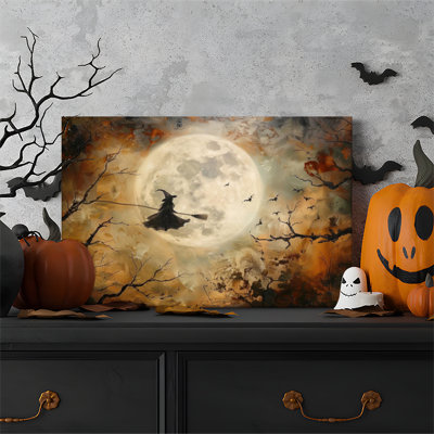Tableau encadré sur toile (1 pièce), motif de sorcière volante et lune pour Halloween. Parfait pour le salon, la chambre à coucher, le bureau, la salle de bain, une chambre d'étudiant ou toute autre pièce. Prêt à accrocher.