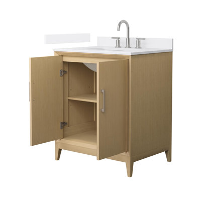 Meuble-lavabo simple 30 po Janna en chêne blanc, comptoir en marbre de culture blanc, lavabo carré encastré (3 trous), garniture en nickel brossé