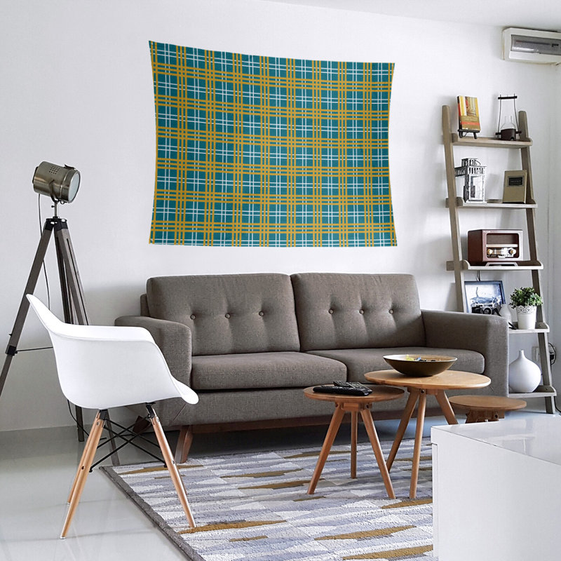 Tapisserie en microfibre Jacksonville, H 68 po x l 80 po, Bleu sarcelle / blanc / or