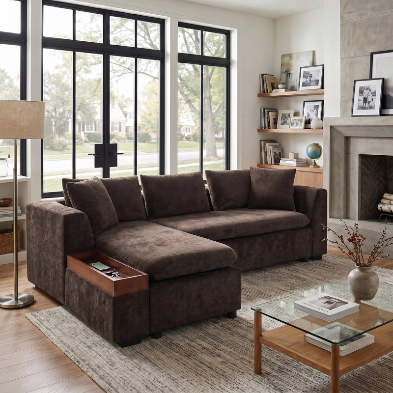 Canapé modulaire en L 93,7 po revêtu de chenille brun 93,7 po, Brun