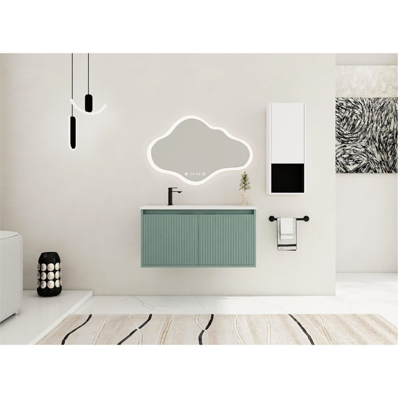 Armoire de salle de bain moderne 36 po avec vasque en résine et armoire latérale, blanc, moderne, tablette de contreplaqué, style