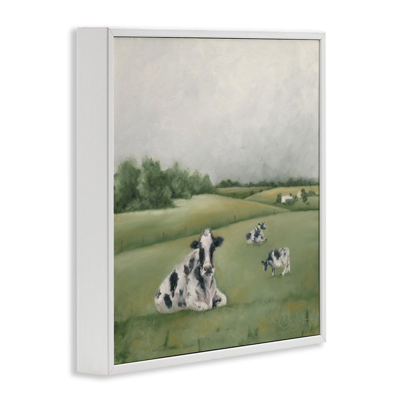 Vaches laitières broutant - peinture sur toile, Giclée encadrée blanc bord de mer, H 24 po x l 24 po