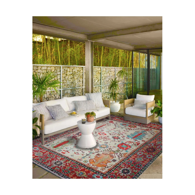 Bordered Rectangular Botanical Patterned Woven Base Carpet And Washable Carpet, Rectangle 3'4" x 6'7"