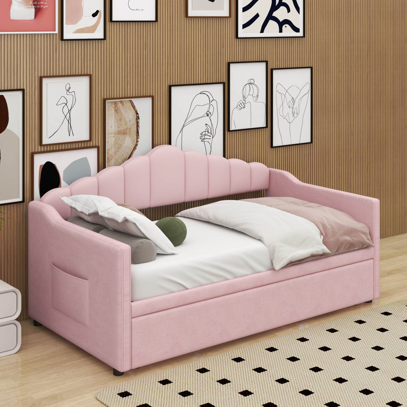 Lit de jour tapissier simple avec lit gigogne escamotable à hauteur réglable et port de charge USB et Type-C, structure de lit de jour avec 2 poches latérales
