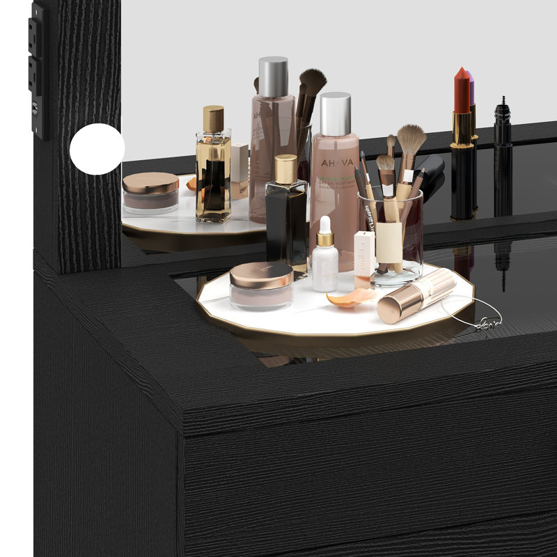 45.5” vanity set with lighted mirror, charging station and stool, Noir, noir, noir, noir