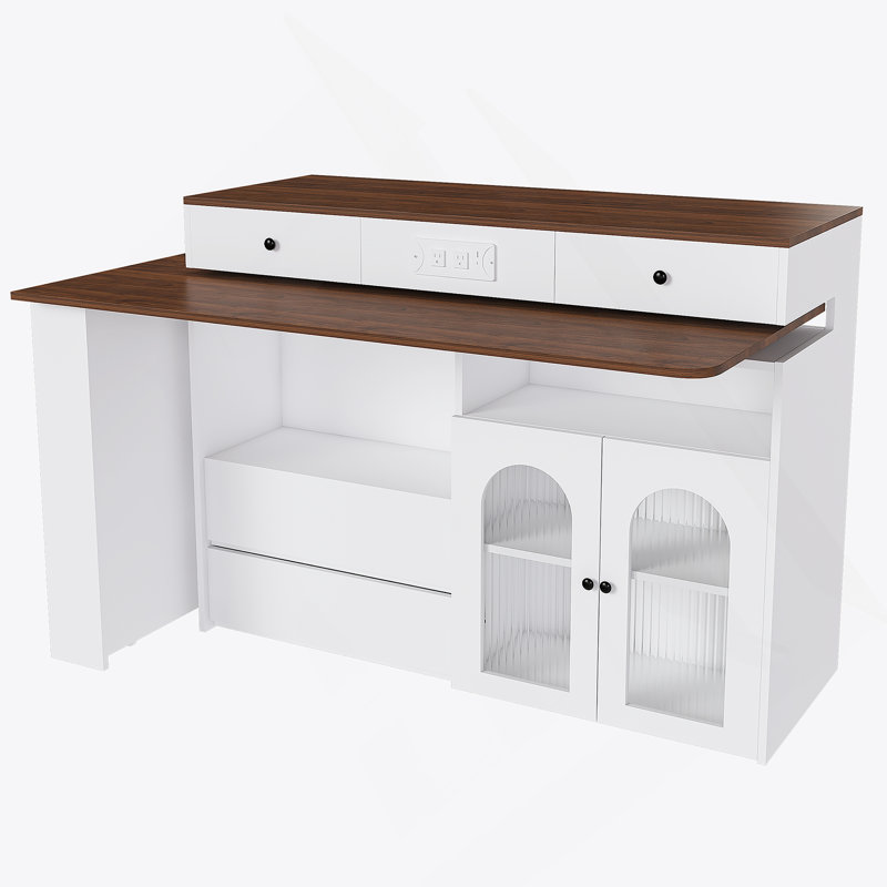 Kitchen Island With Extendable And Rotating Table, Wooden Kitchen Island With 4 Drawers, White/Brown Wood
