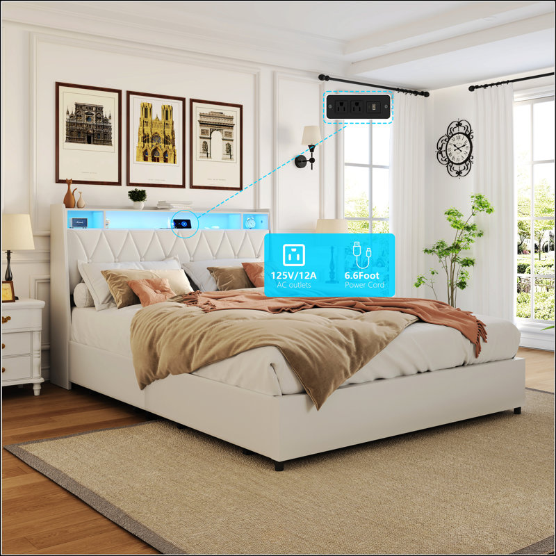 Structure de grand lit avec tête de lit ergonomique, plateforme, prises intégrées, chargeur et tablette de rangement, sans bruit, aucun sommier nécessaire