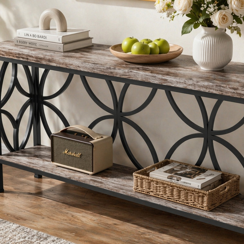 Console industrielle extra longue 70,9 po, canapé-lit étroit derrière le canapé avec tablettes de rangement ouvertes, table d'entrée rustique pour couloir, vestibule ou salon, structure en métal, gris rétro