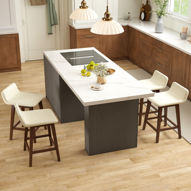 Upholstered Barstools w/ Low Back Footrest & Wood Legs for Kitchen Island, Beige Seat/Brown Frame, 4