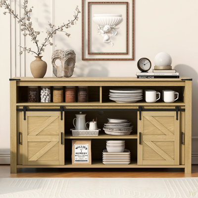 59.3''Sideboard With Sliding Barn Door And Mesh Panels,Farmhouse Buffet With Open Storage,Suitable For Living Room, Hallway, Balcony,Kitchen, Office