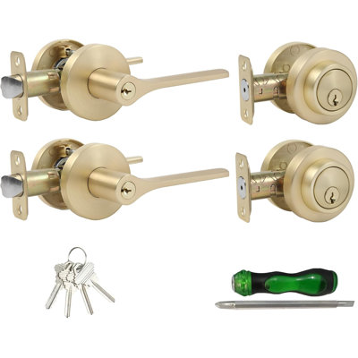 Ensemble de poignée de porte avant et pêne dormant, ensemble de poignée de porte d'entrée et de pêne dormant à clé identique, poignée de porte ronde robuste avec serrures à pêne dormant pour portes extérieures plaquées or, paquet de 2