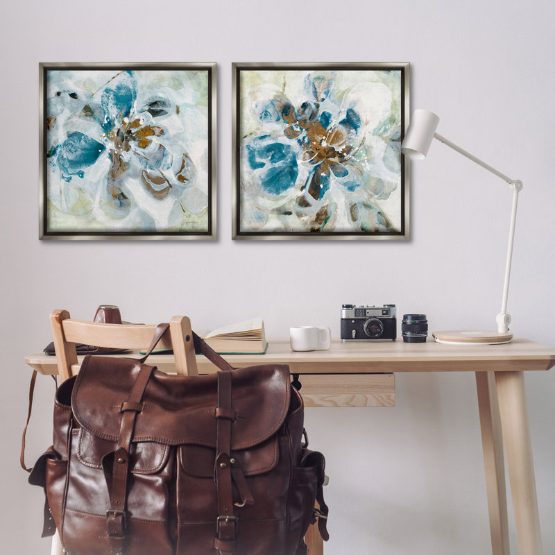 Ensemble de 2 toiles flottantes bleu sarcelle avec pétales de fleurs abstraites par Liz Jardine, Cadre flottant gris lustré