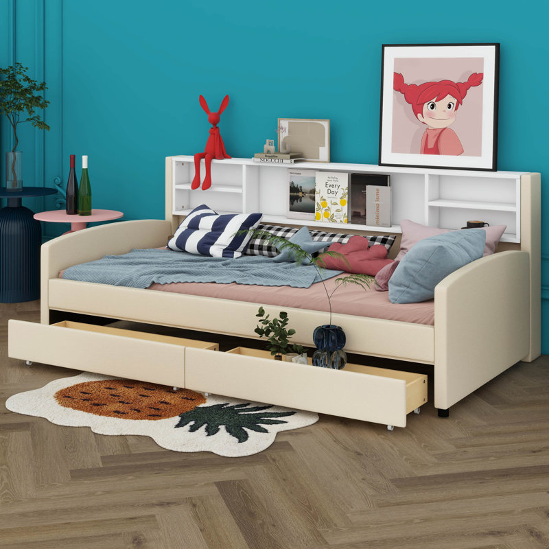  Lit plateforme tapissier simple avec rangement et tiroirs Lienke, Beige
