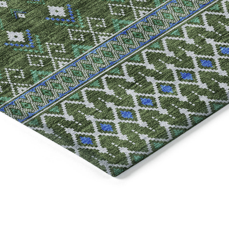 3' X 5' Olive Green And Blue Tribal Washable Indoor Outdoor Area Rug