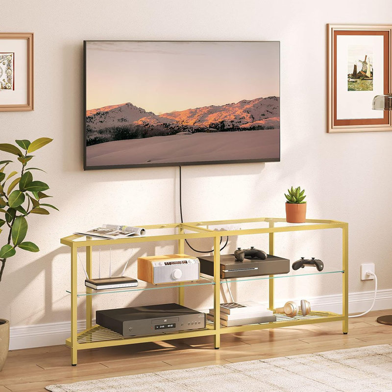 Meuble télé de coin moderne 55 po pour téléviseur de 60 po ou moins - Console média avec prise de courant, tablettes ouvertes et verre trempé