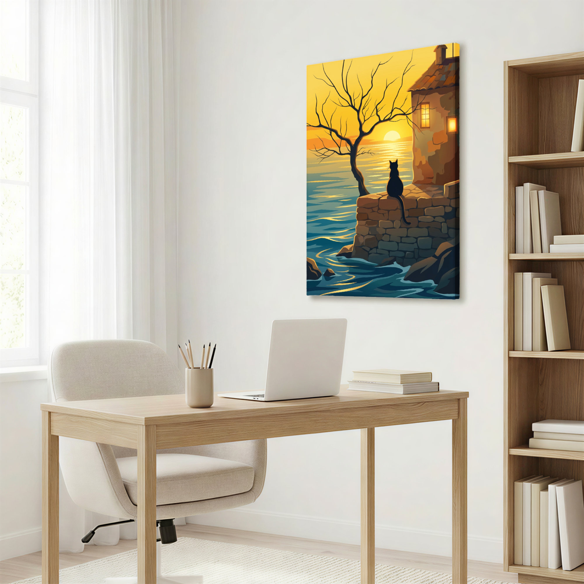 Winston Porter Black Cat Sunset Lake Scene Canvas Wrapped Wall Art Oil ...