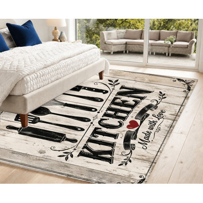 Tapis de cuisine lavable à la machine avec envers antidérapant, motif planches de bois et ustensiles de cuisine, décoration intérieure chaleureuse pour salle à manger, salon, entrée, appartement