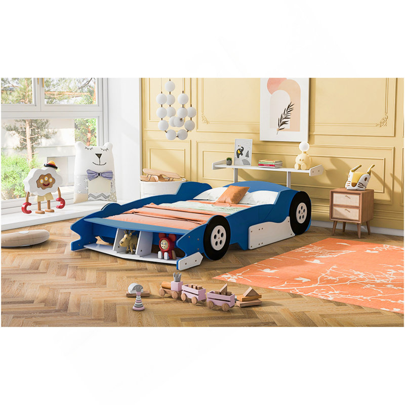 Lit plateforme double en forme de voiture de course avec roues, bleu, Bleu