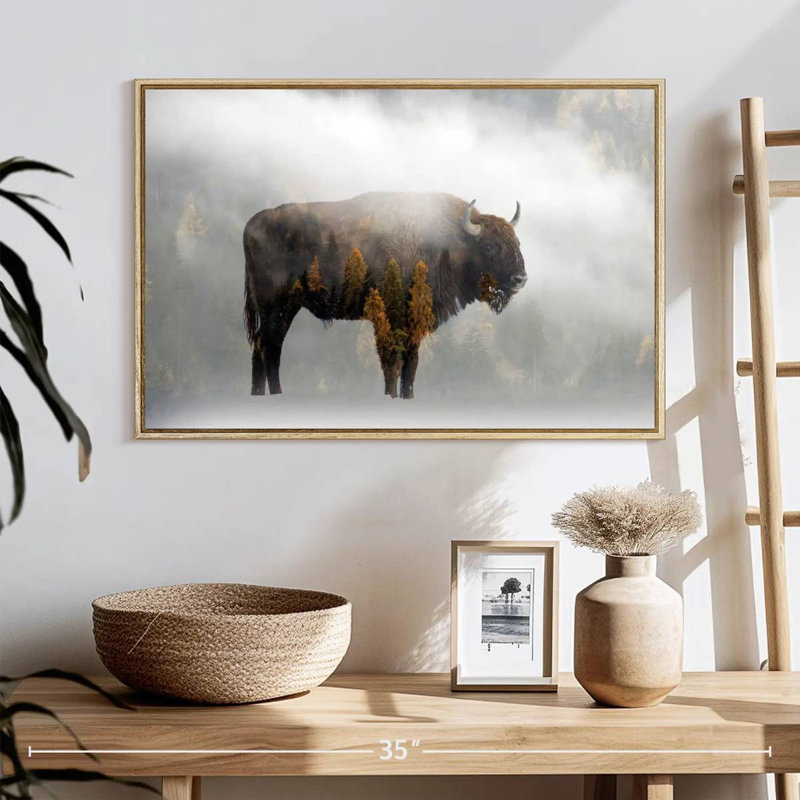 Bison de la forêt de pins, 25 po x 17 po, Cadre flottant en bois naturel