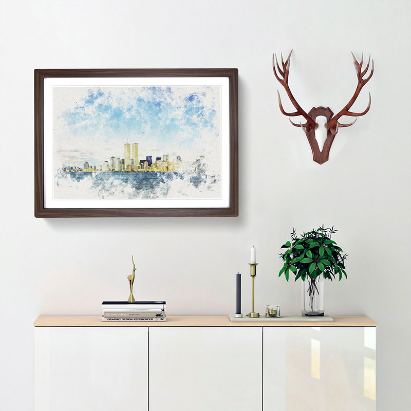 New York Skyline with the Twin Towers - Picture Frame Graphic Art Print, Walnut Framed, 45cm H x 63cm W x 2cm D