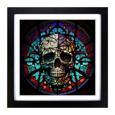 Skull Stained Glass Effect - Single Picture Frame Print on Wood
