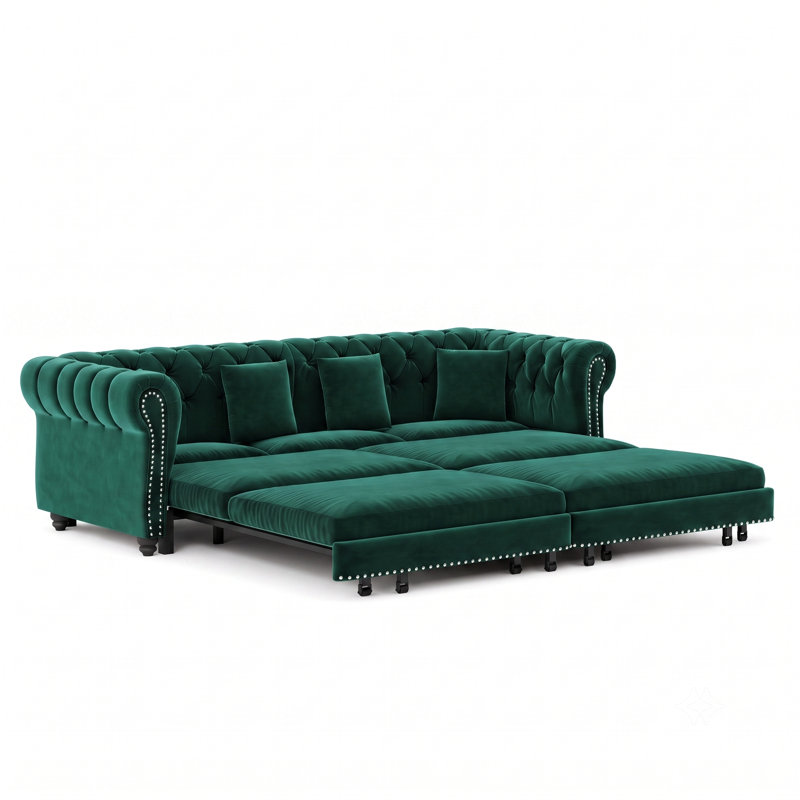 Canapé-lit gigogne convertible 3-en-1 de 89 po avec repose-pieds mobile et capitonnage, Vert-1